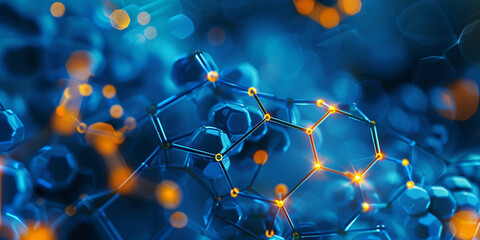 Blue background with a chemical structure and abstract science