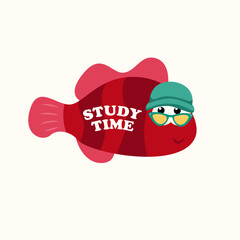 Flat Design Study Time Illustration with Fish at Sunglasses, Hat