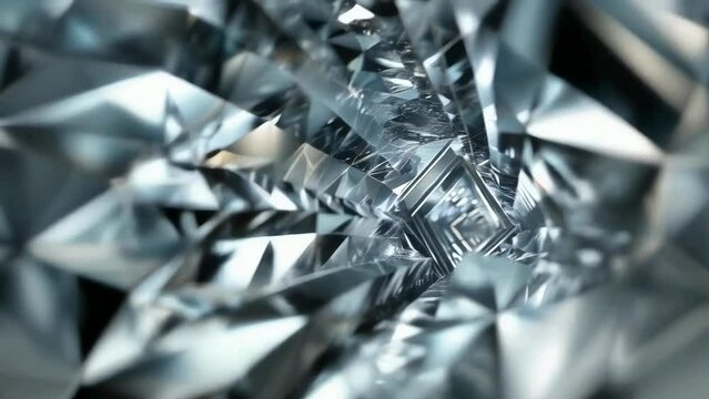 Abstract image depicting a silver geometric structure with light reflections, creating a tunnel-like effect. The intricate design of the metal surfaces enhances the depth and complexity, viewed