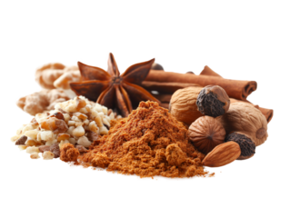  a bunch of various type of spice ingredients , nutmeg, star anise, cinnamon stick, PNG transparent background with shadow