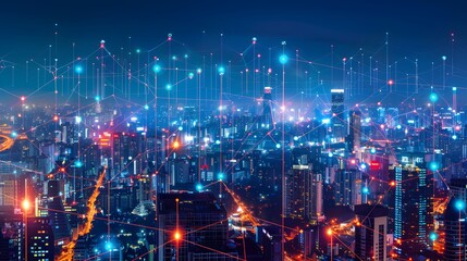 Fototapeta premium A cityscape at night illustrating a digital network concept with glowing connections and bright city lights.
