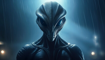 Superbe portrait serré d'une créature extra terrestre de type reptilien, image contrastée couleur bleutée