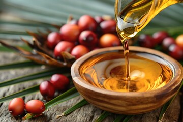 Wooden bowl of palm oil on a wooden table, surrounded by green palm leaves