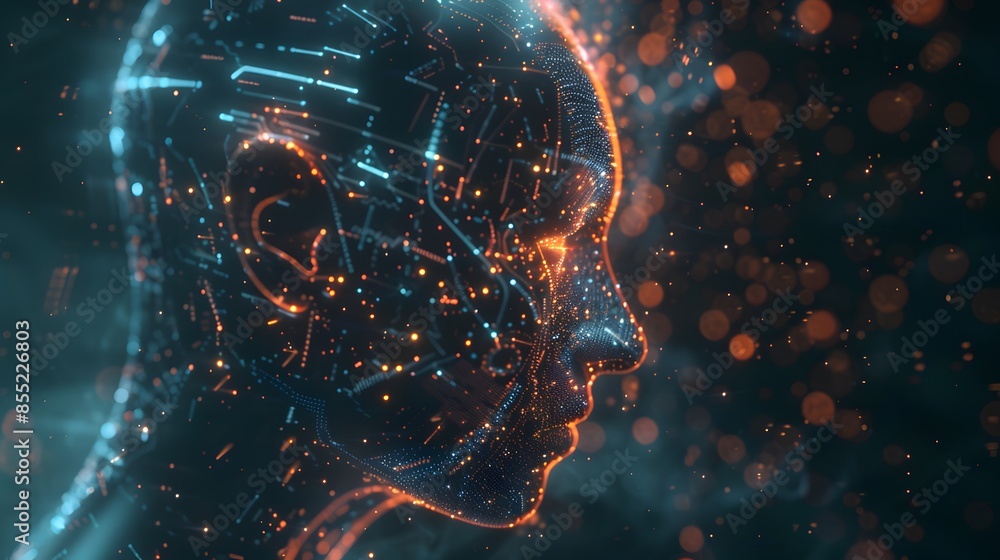 Poster a digital representation of a face with intricate light patterns and a futuristic design, blending t