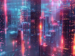 Obraz premium Futuristic CityscapeHolographic Data Streams in Urban Setting