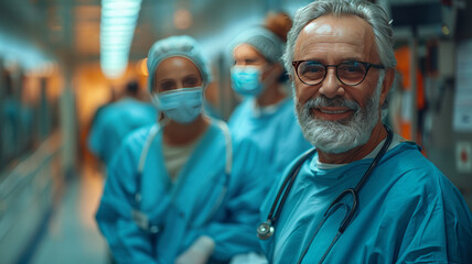 Fototapeta premium friendly orderlies dressed in blue medical clothes are pushing a stretcher with a smiling middle aged patient in a hospital.generative ai