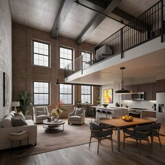 Interior design of a living room, loft style, two storey apartment.