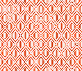Seamless geometric pattern featuring simple stacked hexagons in orange color tones. Hexagonal cells form a tileable vector illustration.