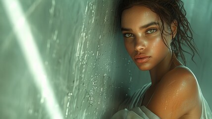 Obraz premium Stunning Portrait of a Young Woman with Wet Hair and Luminous Skin Leaning Against a Wet Wall with Dramatic Lighting Effectsbeautiful woman