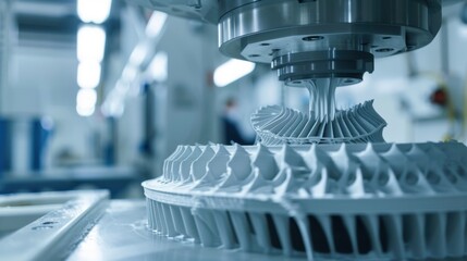 A 3D printer creates a intricate, white plastic part, showcasing the precision and detail of modern manufacturing.