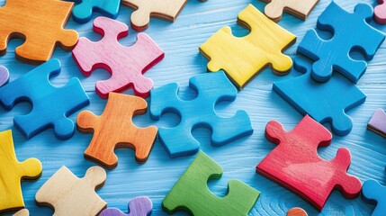 Obraz premium Colorful wooden puzzles on light blue surface with copy space Suitable for educational and office tasks Depicts problem solving or solution concept