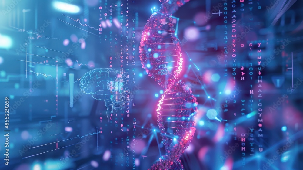 Poster a stylized 3d model of a dna double helix, glowing pink and blue, intertwines with a stylized brain 