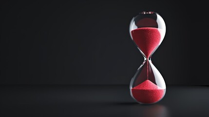 Elegant hourglass with red sand, marking the passage of time, against an empty black background, emphasizing the concept of a running deadline