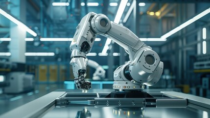 A robotic arm with a gripper is shown working in an industrial setting, with a blurred background featuring more machinery.