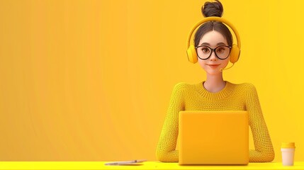 A 3D rendered woman sits in front of a laptop wearing headphones, smiling, on a yellow background. Generative AI