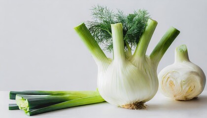 Fennel and leeks isolated on white background
