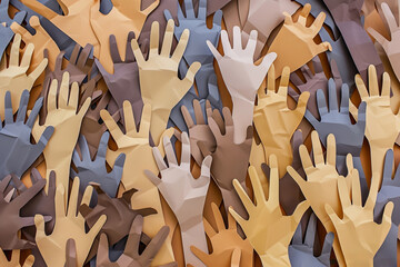 Diverse people hands abstract art seamless pattern. Multi-ethnic community raised hands, cultural diversity group crowd background illustration in modern collage painting style with arms up