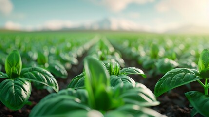 Expansive farm landscape with rows of crops, high-tech sensors and smart devices analyzing soil and plant data, innovation in agriculture, vibrant greenery