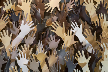 Diverse people hands abstract art seamless pattern. Multi-ethnic community raised hands, cultural diversity group crowd background illustration in modern collage painting style with arms up