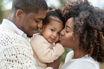 Fototapeta premium A black family of three, Happy family. Mother father and baby girl.
