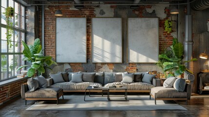 A living room with a brick wall and a large window