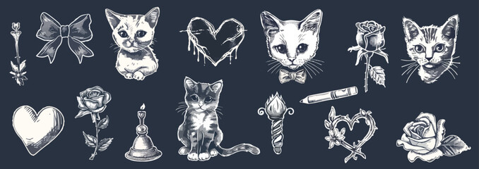 Grunge cat icon set, vector hand drawn sketch kitten, gothic heart, rock punk scribble symbol. Y2k emo romantic tattoo, cat, rose. Vector illustration with vintage grunge element. 