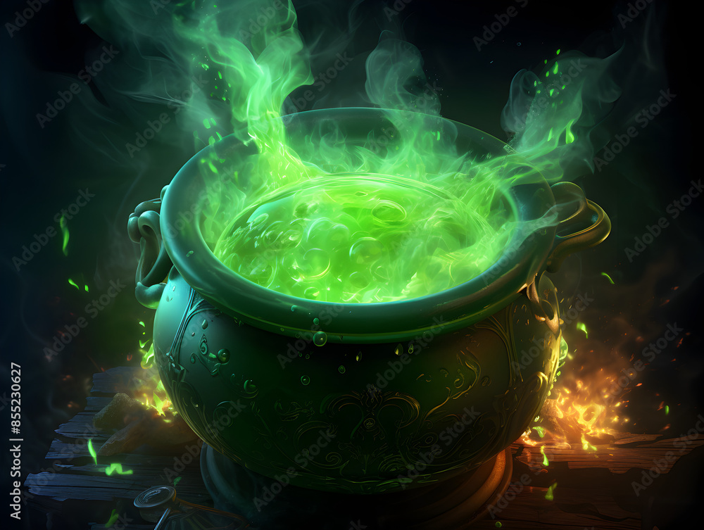 Sticker illustration of a bubbling cauldron with green potion, on dark background