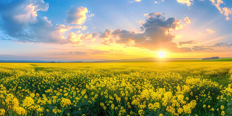 Fototapeta premium A beautiful field of canola flowers, with the sun setting in the background