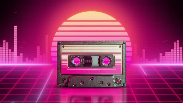 TV, vinyl, audio cassette, mp3 player, boombox stand on the pink 80s retro futuristic pink neon cyberpunk background with music equlizer and visualizer