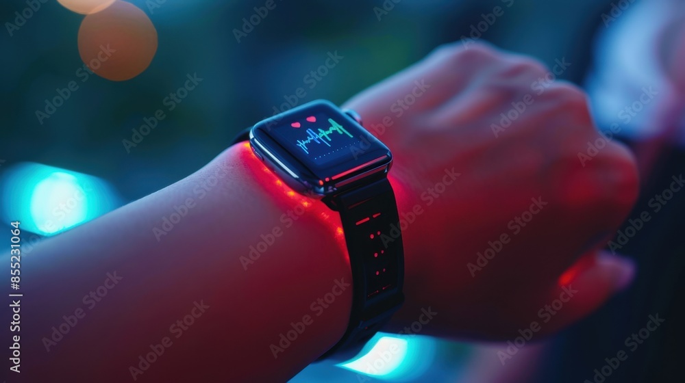 Poster a close-up of a smartwatch displaying a heart rate monitor graph on a wrist in a dimly lit environme