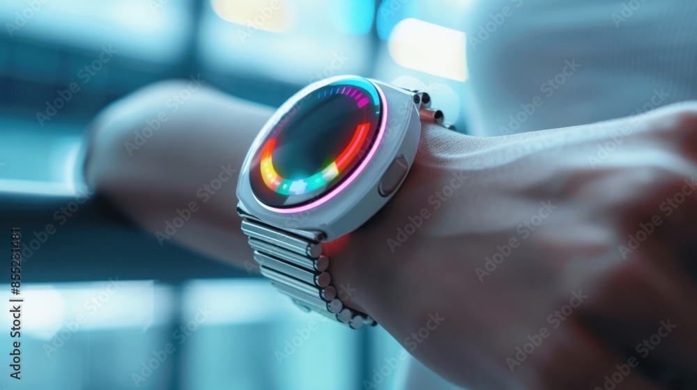 Poster a close-up of a futuristic smartwatch with a colorful circular display on a person's wrist.
