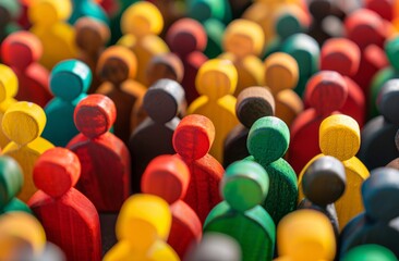 Colorful painted group of people figures colorful background of many small wooden figures of people in different colors, symbolizing diversity and unity.