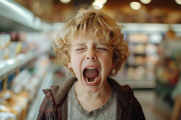 Boy with curly hair wearing a vest screams with a background of grocery store shelves