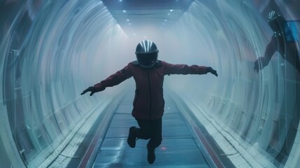 A man in a red jacket is jumping in a tunnel