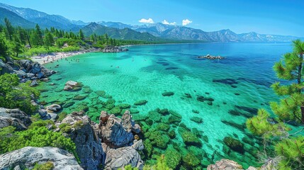 Fototapeta premium Elevated image of the serene Lake Tahoe straddling California and Nevada