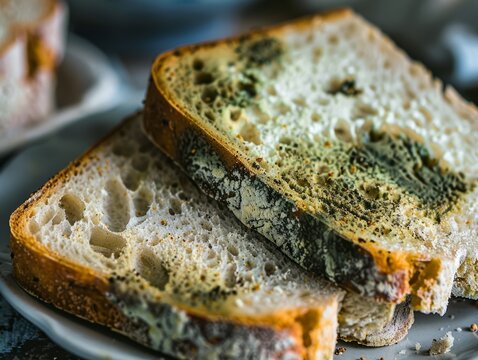 Close-up of moldy bread slices, showcasing the detailed texture and various colors of mold growth on the surface.