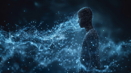 Obraz premium LLM graphics flowting around a wireframe avatar in a black studion space.generative ai