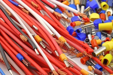 Copper stranded mounting electrical wires in colored insulation for electrical equipment. Close-up. Soft focus.