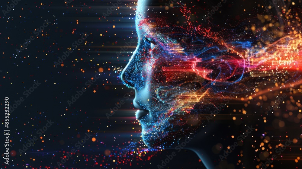 Poster a digital rendering of a human face in profile, comprised of colorful particles and light streaks.