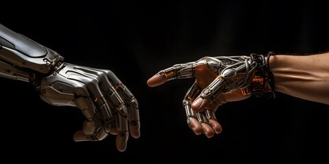 The human finger delicately touches the finger of a robot, Concept of harmonious coexistence of humans and AI technology