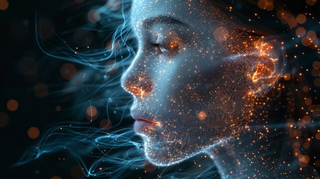 LLM graphics flowting around a wireframe avatar in a black studion space.generative ai