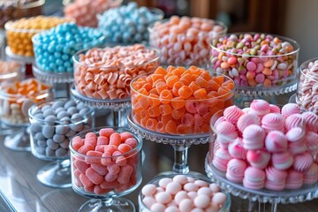 A candy buffet at a party, with different types of candies arranged in glass jars and bowls. 