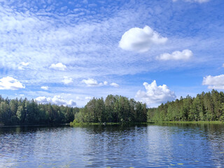 Typical Finnish National Park view with lakes, forest and blue skies. Wild nature in summer season