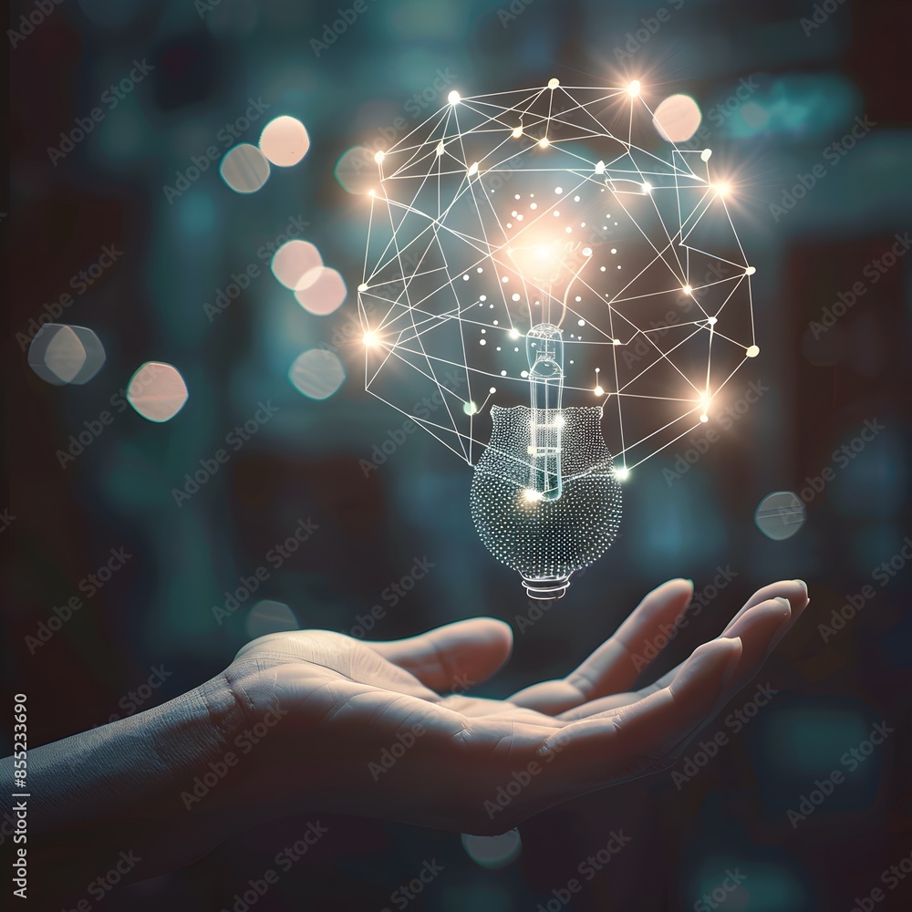 Poster a light bulb is floating above the palm of an outstretched hand, and it's made up of white dots conn
