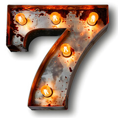 A vintage looking number 7 with five lights on it. The lights are yellow and the number is surrounded by rust