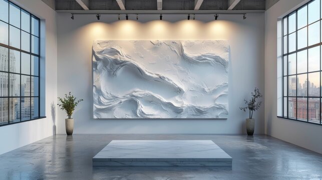 Fototapeta A large white painting of a wave is on the wall of a room