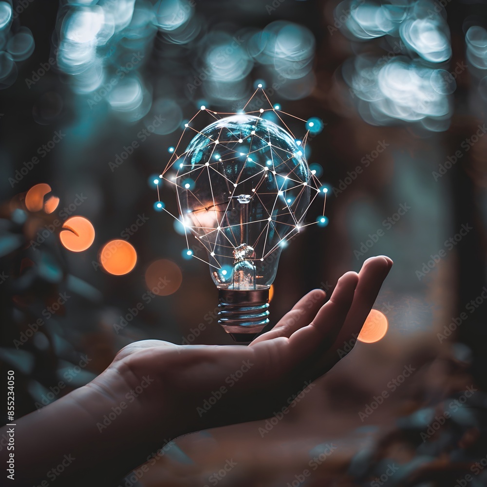 Aufkleber a light bulb is floating above the palm of an outstretched hand, and it's made up of white dots conn