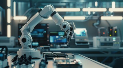 A white robotic arm with a metallic hand is performing a task in a futuristic laboratory setting, surrounded by technical equipment and glowing lights.