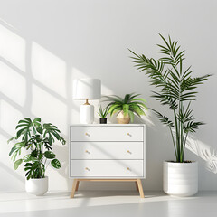 white wooden chest of drawers, houseplants, lamp in interior of light modern living room isolated on white background, text area, png