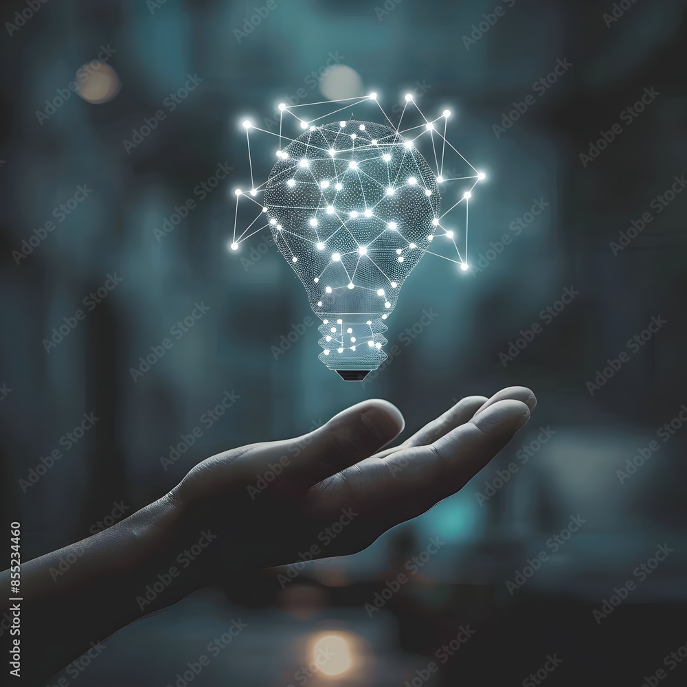 Aufkleber a light bulb is floating above the palm of an outstretched hand, and it's made up of white dots conn